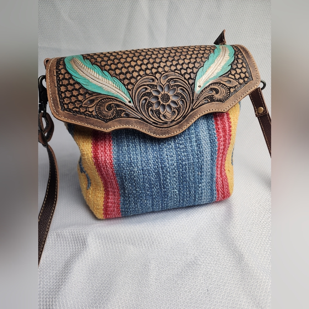Myra Bag Blue Feather Hand-Tooled Bag Upcycled Cotton & Leather S-3058